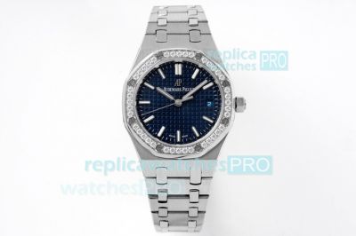 Swiss Replica Audemars Piguet Royal Oak Diamond Watch SS Black Dial Diamond Bezel 34MM